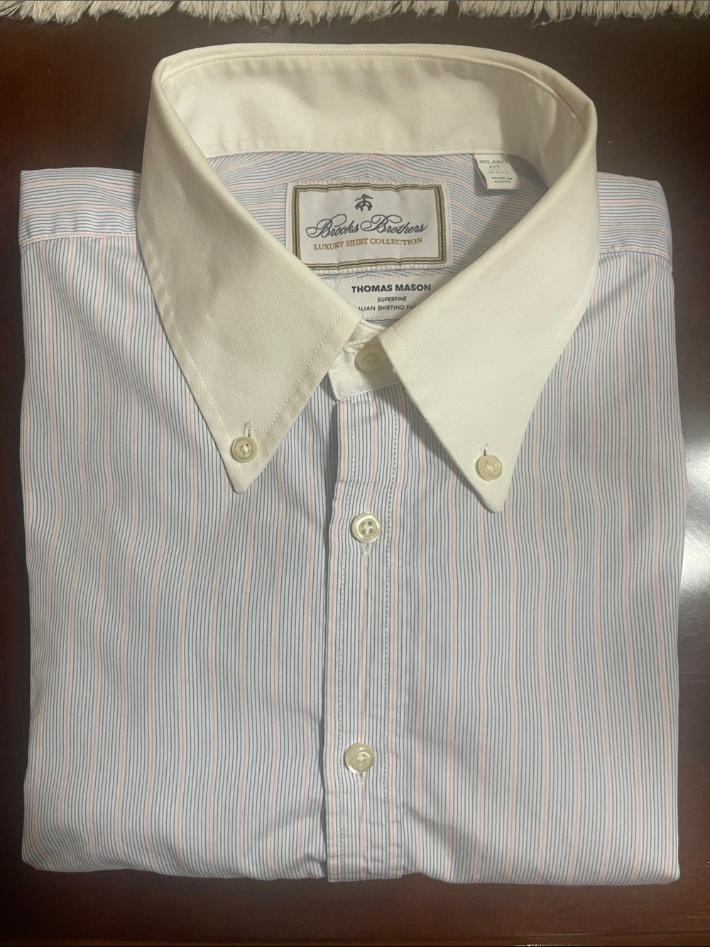 Brooks Brothers White Collar Blue and Pink Stripe Dress Shirt, Milano Fit 16/33